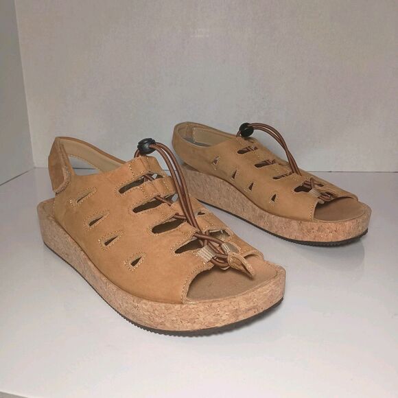 Pandere Traveler Cork Wedge Sandals 8 Tan Nubuck Leather Wide Swollen Feet - Picture 2 of 14